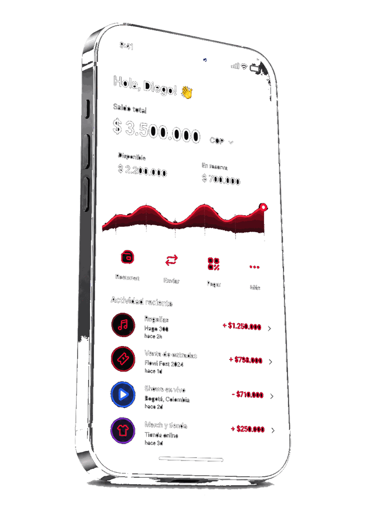 App Flowi mostrando saldo total y actividad reciente
